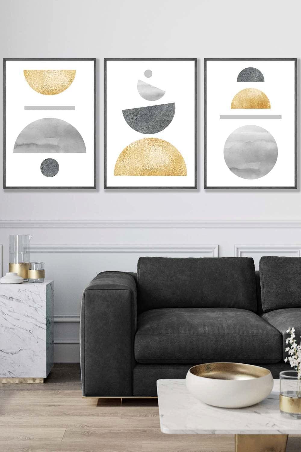 Golden Yellow and Grey Abstract Mid Century Geometric Framed Wall Art - Large